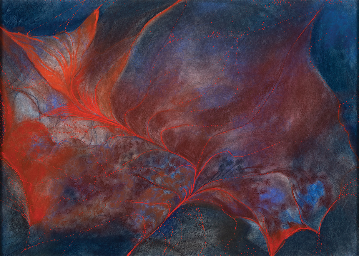  Expressive abstract painting showcasing a dynamic interplay of red and blue tones. The composition features intricate, almost biological, forms that evoke a sense of growth and movement.